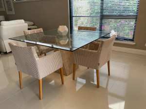 Dining Suite Solid travertine base glass top with 4 dining chairs 