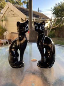 Retro vintage MCM ceramic black cat statues