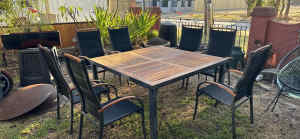 7 seat grey aluminum & timber outdoor dining set