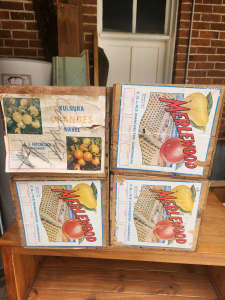 original apple boxes, and solidly made apple boxes with stickers on th