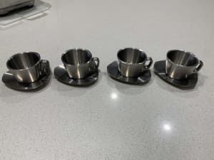 Set of 4 Stainless Steel Coffee Cups & Saucers