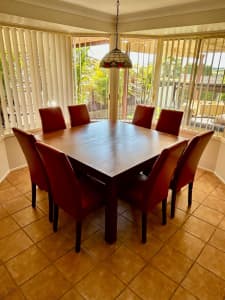 Mango Hardwood Square Dining Table with 8 Red Leather Chairs