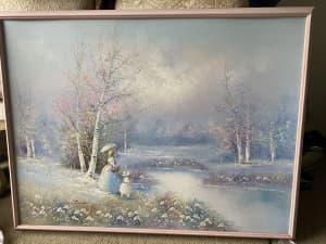 Vintage original painting on wooden board with nice wooden frame