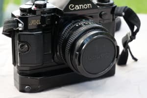 Canon A 1 film camera, with Canon FD 50mm f1.8 & A2 power winder