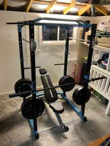 As new! Gym power rack, bench and weights