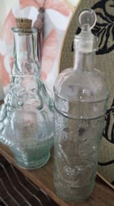 Aqua Marine Fruit, Weaved Basket Pattern Tall Glass Bottle Vintage
