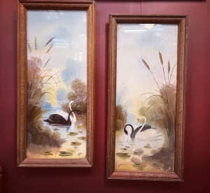 W.S.L. - Australian Victorian - Pair Of Original Oil Swan Paintings