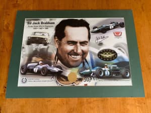 Sir Jack Brabham signed tribute collage with mat board