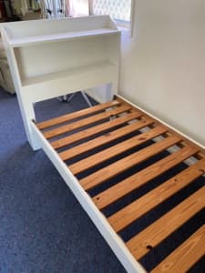2 x Timber Single Beds with Bed Head Bookshelf plus 2 wall shelves