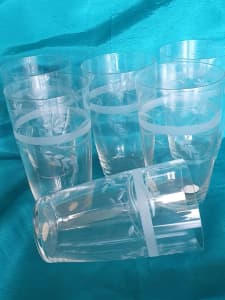 SIX VINTAGE ETCHED FINE GLASS TUMBLERS