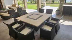 Outdoor, travertine/wicker 8 dining seater set