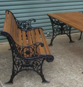 Outdoor Bench seat and table cast iron and timber- 2 piece setting