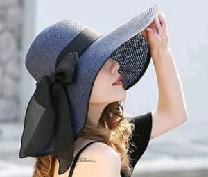 Navy Blue Elegant Sun Hat Wide Brim Ribbon Detachable Hat Retainer