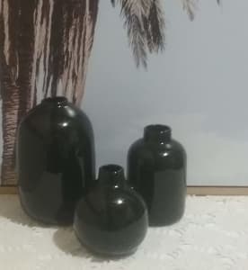 3x Glossy Black Glaze Ceramic Vases,Ceramic Vase,Home Decor,Black Vase