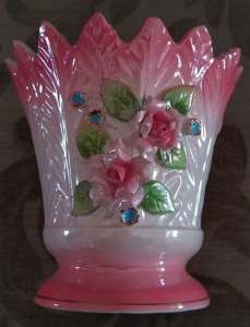 Vintage Japanese Lusterware Vase w. Raised Flowers & Jagged Rim/c1960