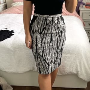veronika maine work corporate midi skirt black white pattern size 10