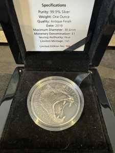 2019 Nuie $1 Tasmanian Devil 1oz Silver High Relief Antiqued Coin