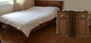 wooden double bed frame with 2 bedside table no mattress, with wooden