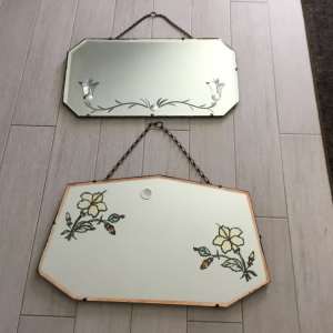 2 Vintage Bevel Glass Wall Hanging Mirrors