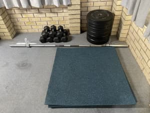 120kg bumper plate set and 20kg barbell with rubber hex dumbells. 