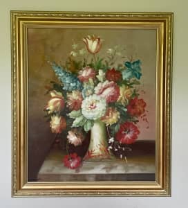 Oil Painting -Wild Flowers in Green Vase Still Life signed 60cm x 70cm