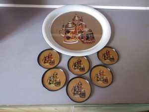 VINTAGE 1970S JAPANESE METAL DRINK TRAY & MATCHING COASTERS $9 LOT