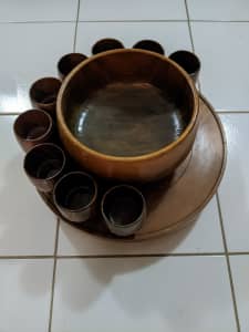 Platter / Plate, bowl and cup set x 11 in hand crafted wood - USED