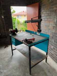 Work bench steel frame with grinder, light and vice