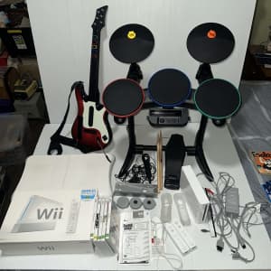 Nintendo Wii Console Bundle With Guitar Hero Drum Set Pedal & Guitar