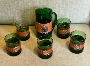 VINTAGE GREEN GLASS CARAFE & GLASSES