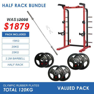 Half Rack Bundle - 120kg Rubber Weight Plates & Barbell
