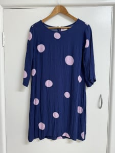 Elm navy & purple polka dot 3/4 sleeve knee length shift dress 8