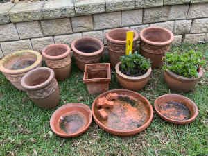 Terracotta pots, saucers, feet, …REDUCED…$70 the lot