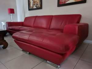 RED LEATHER LOUNGE SUITE & CHAISE - 3 SEATER