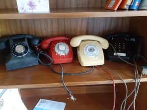Telephones including 1 pushbutton red dial and Bakelite