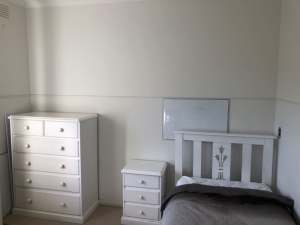 Girls white bed set - tallboy, side table, bed and mattress.