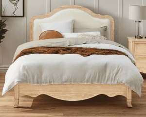 King Oak bed, brushed finish with upholstered headboard. Factory 2nd