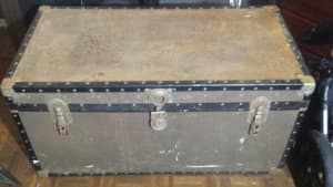 Vintage showbiz metal trunk chest  used for touring vaudeville show
