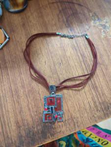 Retro 1990s necklace, enamel on white metal with decorative stones