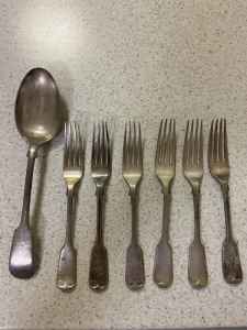 Reduced -Antique Set of Fiddle Tipped Forks and Serving Spoon for sale