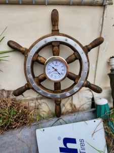 River launch vintage wheel with brass ships clock ( NEW )