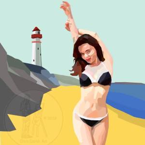 12x12 inch Bikini Beach Lady model, Lighthouse, Digital art pin up