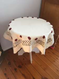 Pretty cream and rose table topper/small tablecloth with cutout design