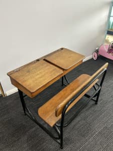 Restored vintage flip top wooden school desk