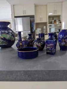 Kutani Ceramic Blue Vases - Japanese