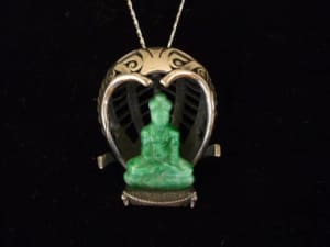 Vintage jade Mucalinda Sheltering Buddha pendant steel nickel silver 