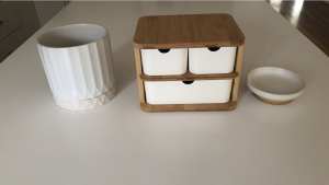 Kmart items x3 Pot plant with saucer / Bamboo drawers / Trinket tray
