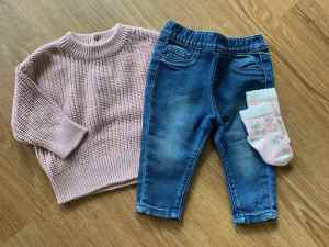 Girls Knit Jumper, Target Jeans and Floral Socks - Size 00 (3-6m)