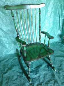 ROCKING CHAIR, PINE CARVED WOOD, GREEN, LARGE, SPINDLE, PERIOD STYLE.