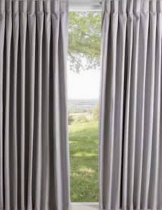 Pair of silver inverted pinch pleat curtains, as new, 1/2 price!